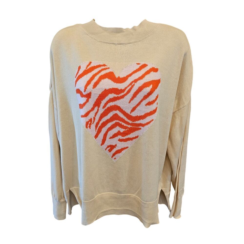Crown & Ivy old money zebra heart crewneck valentine sweater Neutral M knit EUC